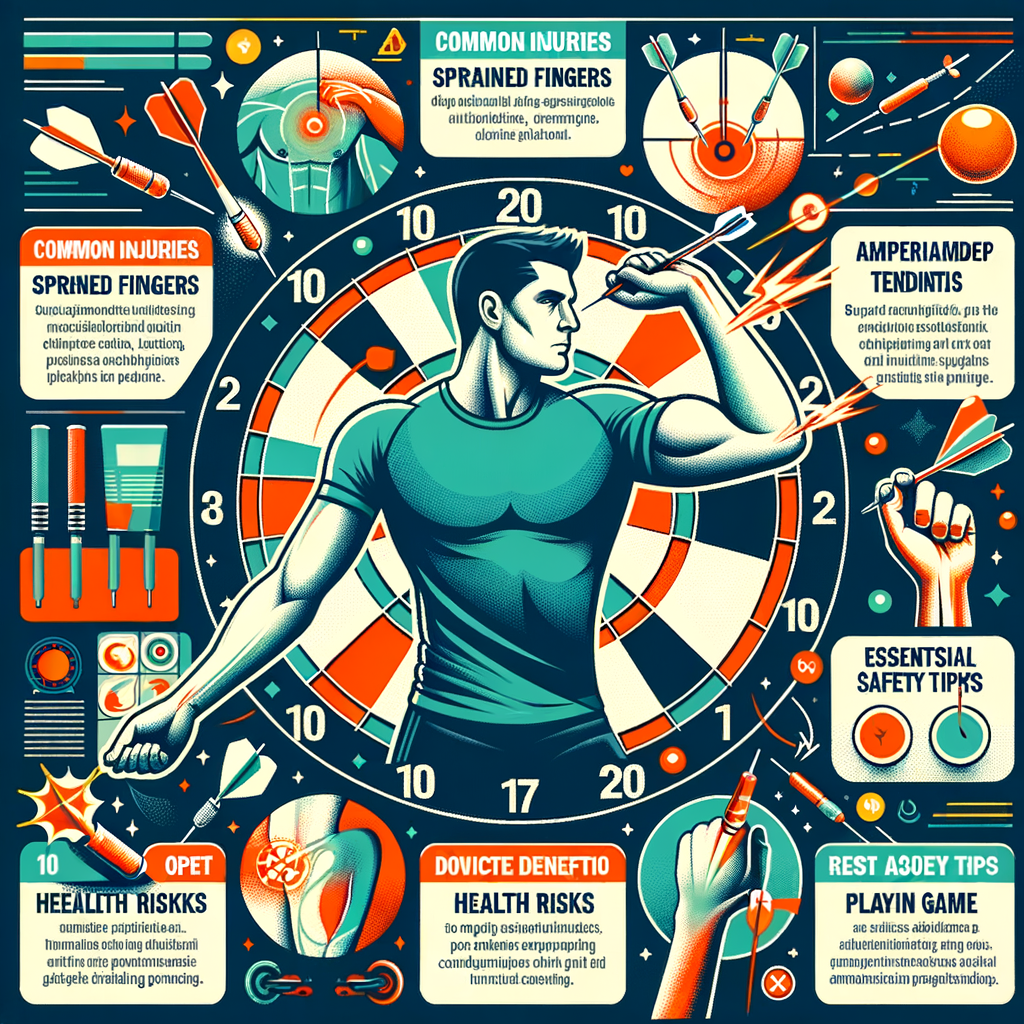 Infographic detailing common darts injuries, health benefits of darts, darts safety tips, and precautions for preventing injuries, emphasizing the importance of physical health and potential health risks in darts.