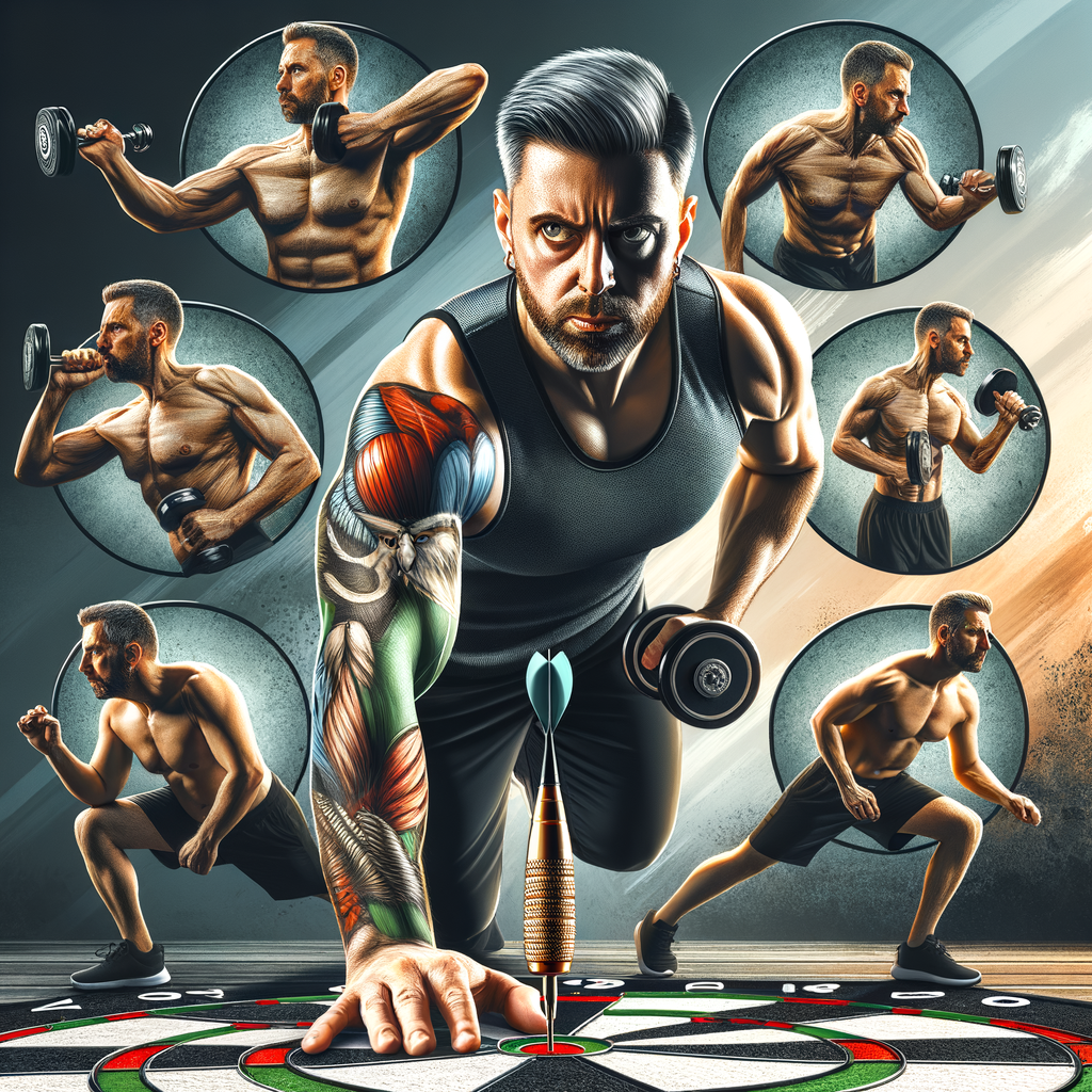 Darts player performing fitness training routine, showcasing health benefits and physical conditioning strategies for maintaining optimal health in the darts game.