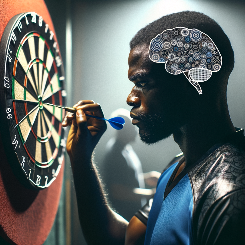 Dart player demonstrating mental fitness in competitive dart playing, emphasizing the psychological aspects, mental strategies, and the impact of mental health on sports performance.