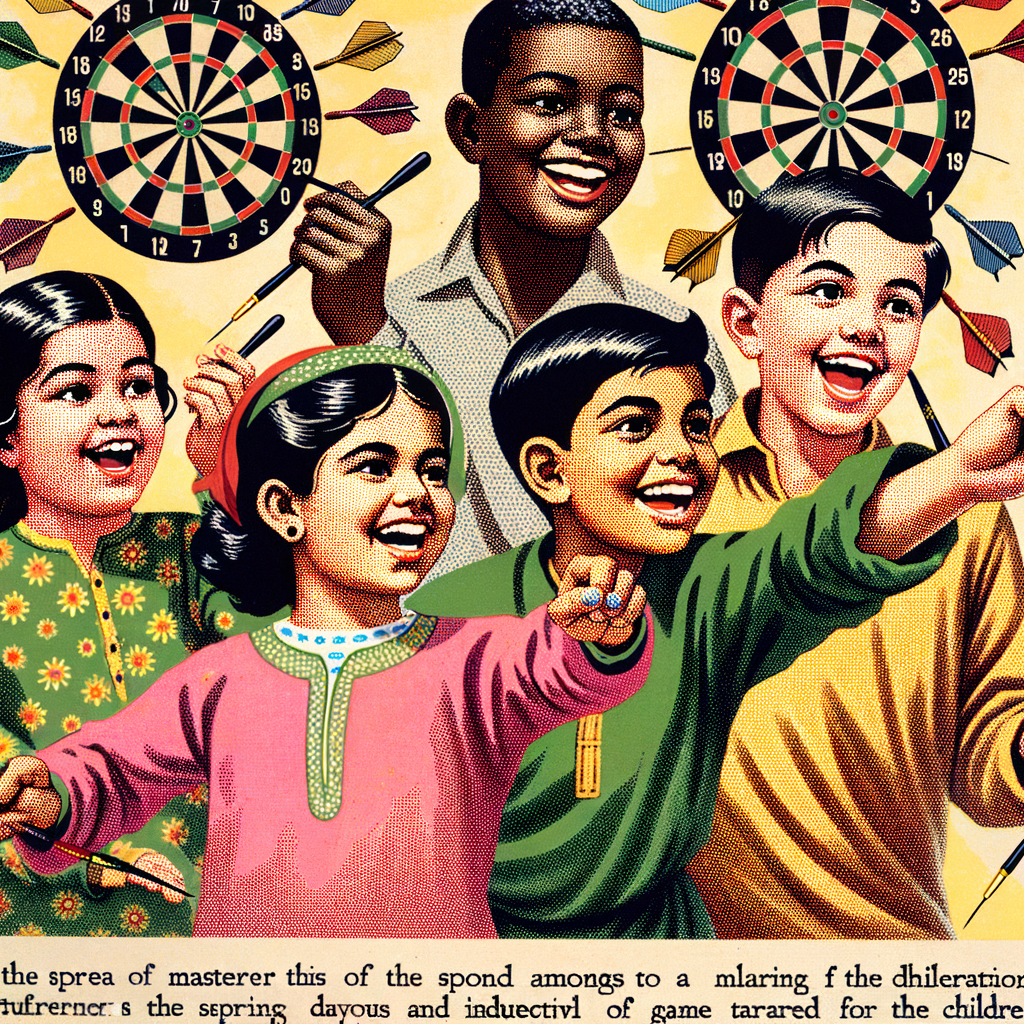 Diverse group of kids joyfully learning and playing a darts game, highlighting the introduction of darts to the younger generation and the educational aspects of children's darts sport.