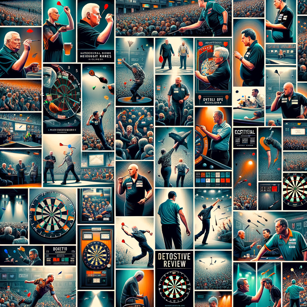 Collage of World's Famous Dart Matches, showcasing Historical Dart Matches, Iconic Dart Games, and Famous Dart Players, with Dart Match Highlights and Reviews for a Retrospective on Dart Games.