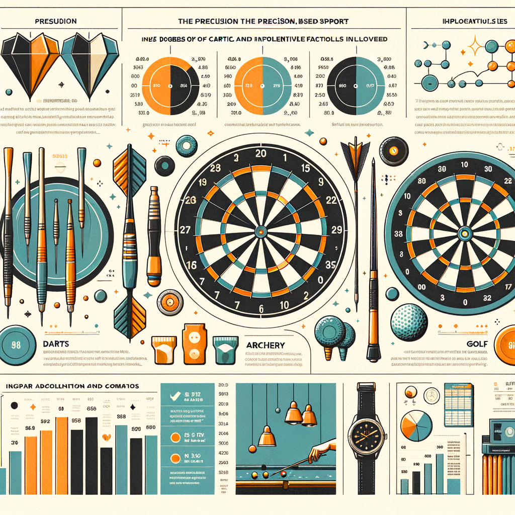 Analytical infographic illustrating comparative analysis in sports, specifically darts precision sports, darts vs. archery, golf, and billiards, highlighting key statistics and factors for precision sports comparison.