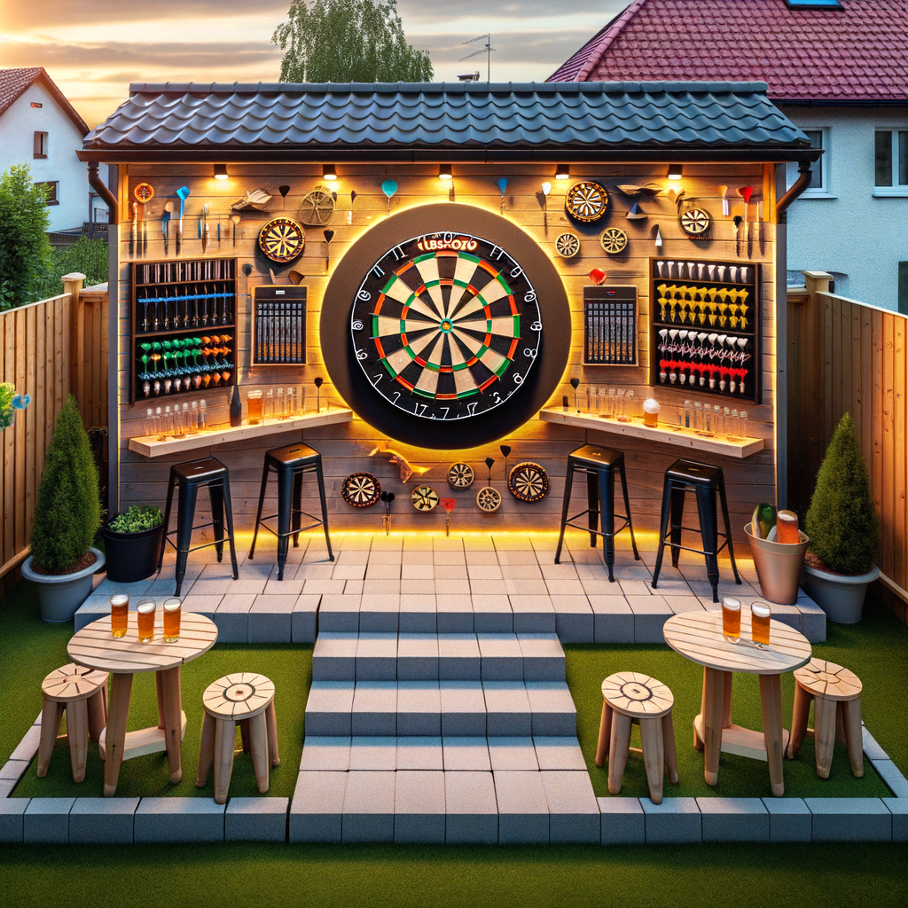 Dart-friendly backyard featuring an outdoor dart area, outdoor games setup with a safely installed dartboard outdoors, showcasing dart game safety measures and innovative outdoor dartboard ideas for creating a dart playing area and outdoor entertainment space.
