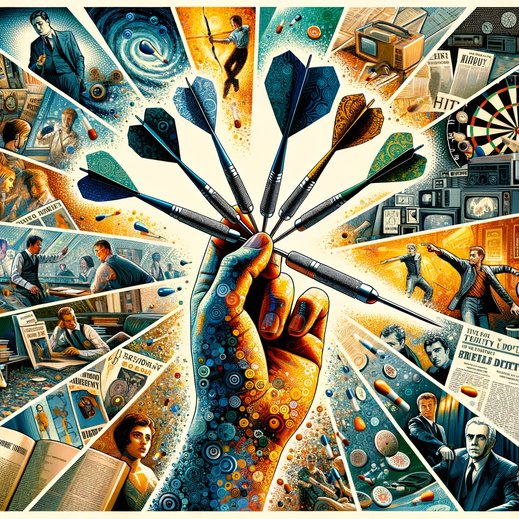 Collage of darts in books, movies, TV shows, and literary works, illustrating darts symbolism in literature and its cultural significance in popular culture.