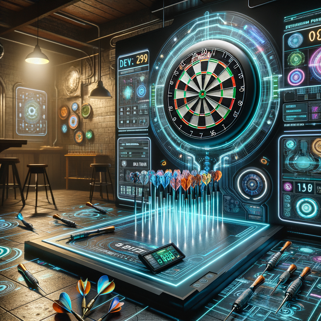 Advanced electronic dartboard with digital scoring technology, showcasing the latest in dartboard technology, dart equipment innovations, and innovative dart accessories for a technology-enhanced darts experience.