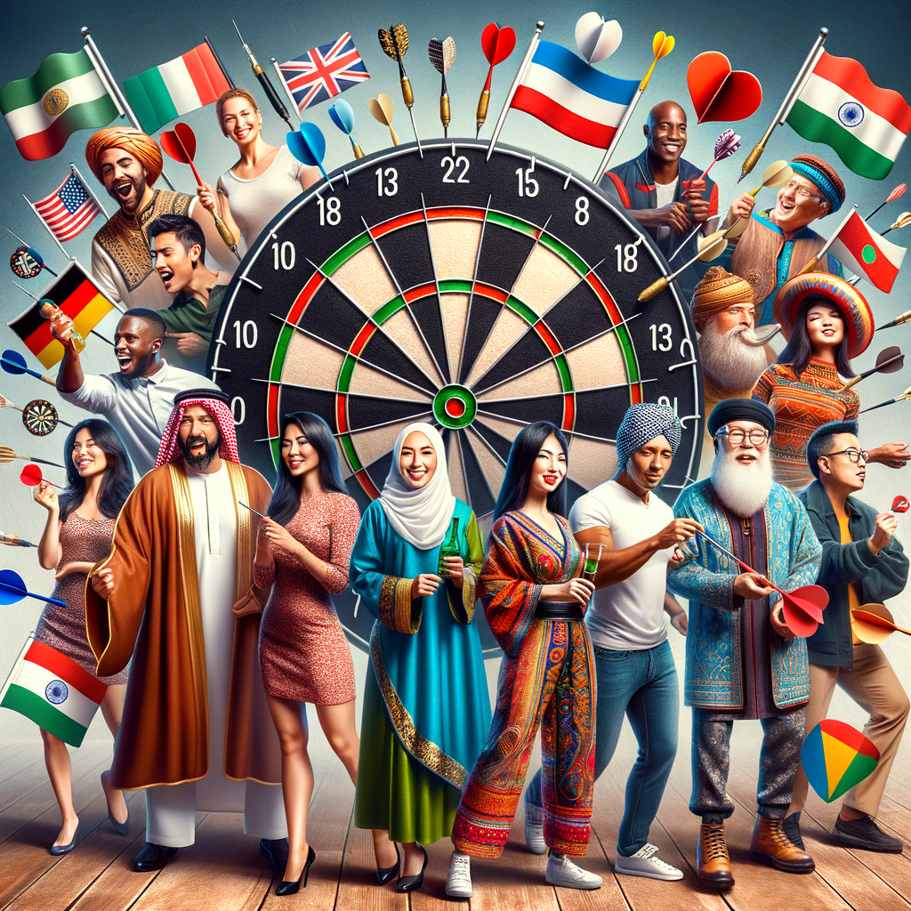 Vibrant image of a diverse group playing darts, showcasing Global Darts Culture, International Darts Traditions, and Cultural Differences in Darts Game Worldwide.