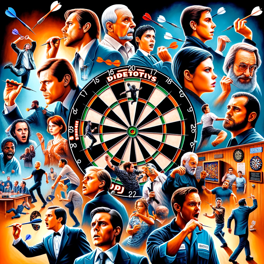 Iconic dart scenes from films and TV series, showcasing famous dart moments in cinema and the influence of darts in popular culture with characters engaged in dart games.