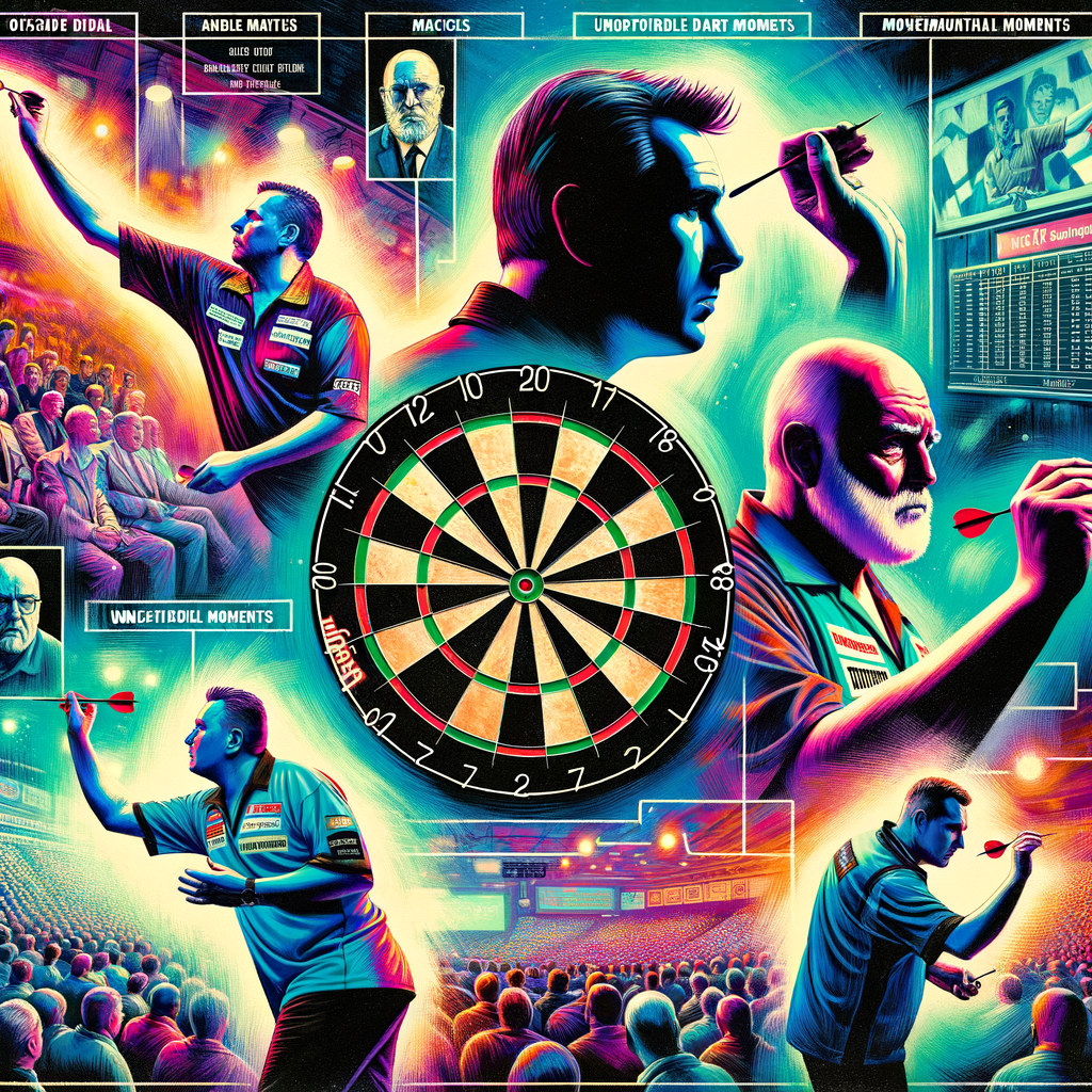 Collage of famous dart players in action during legendary dart matches, iconic dart moments, and historic dart games, highlighting the rich history of dart matches and famous moments in dart history.