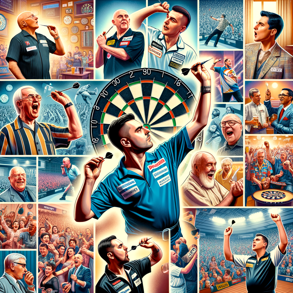 Celebrating Dart Championship History with a collage of Famous Dart Players, Iconic Dart Games, Dart Historical Moments, Dart Tournament Highlights, Notable Moments in Dart, Dart Legends, and Significant Dart Matches symbolizing the rich History of Dart Sport.