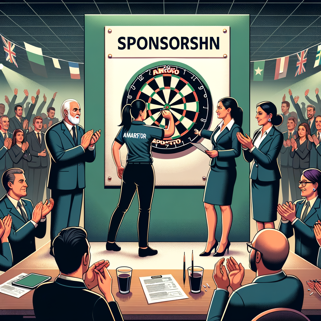 Amateur darts player shaking hands with corporate sponsor, symbolizing the role and impact of sponsorships in amateur darts, highlighting the benefits and opportunities it brings to the sport.