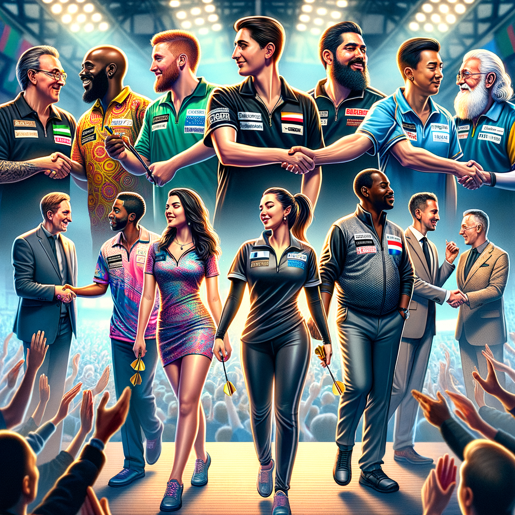 Diverse group of professional darts players shaking hands, exemplifying darts sportsmanship, fair play in darts, and respect in sports, embodying the spirit of embracing sportsmanship in the darts game.