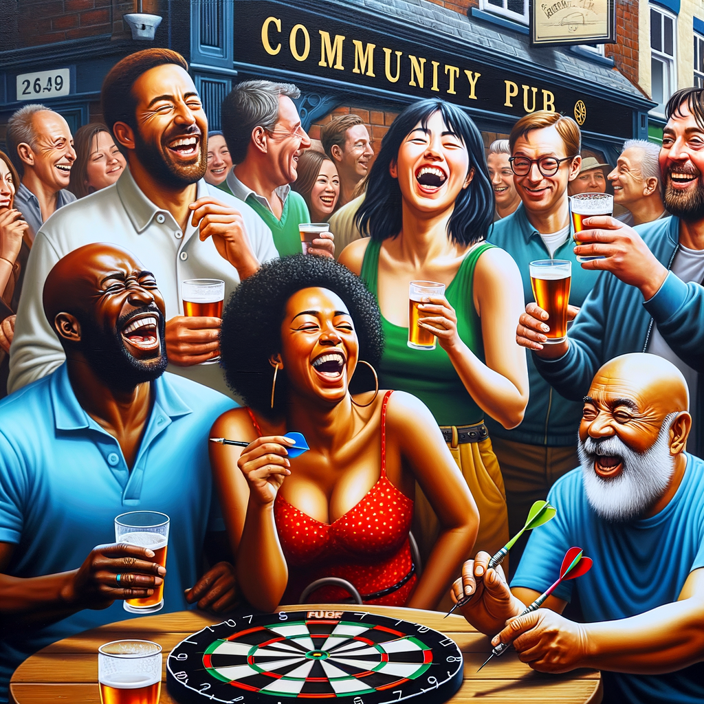 Diverse group socializing and building friendships during a lively darts game, highlighting the social benefits and camaraderie within the darts community.