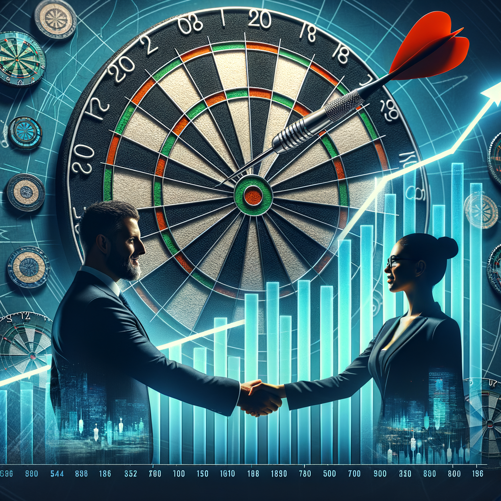 Business professionals shaking hands in front of a dartboard with a bullseye hit, overlaid by a bar chart indicating the growth of darts sponsorship, representing the successful navigation of sport sponsorship in the business of darts.