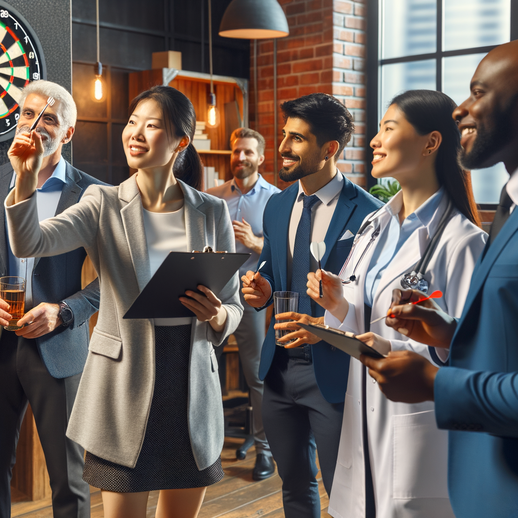 Diverse professionals using darts for networking and business engagement in vibrant social circles