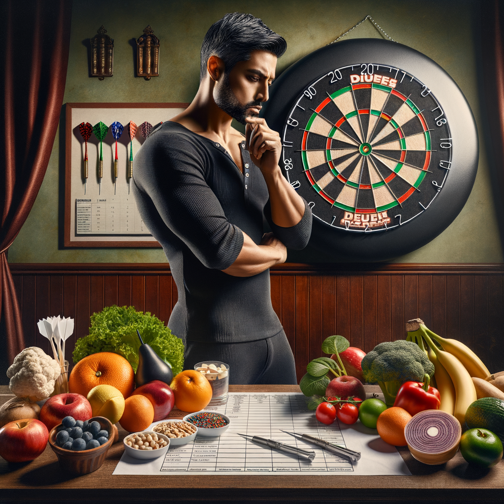Dart player choosing nutritious foods for peak performance diet, emphasizing dart players' health and sports nutrition for optimal dart performance