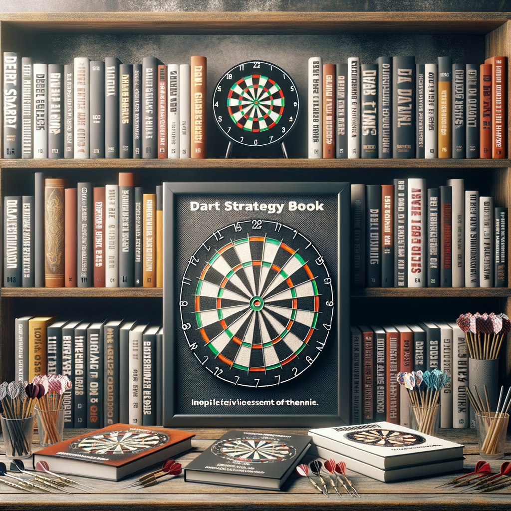 Collection of Dart Books including Dart Strategy Books, Dart Game Books, and Dart Training Books on a shelf, essential Dart Enthusiast Reading material with Dart Playing Guides, Dart Techniques Books, and Dart Game Improvement Books, with dartboard and darts in the background.