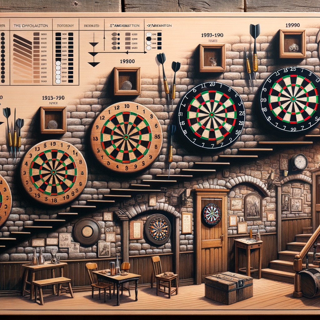 Visual timeline illustrating the dartboards history and evolution from traditional dartboards in taverns to modern dartboards with advanced technology, showcasing the dart game evolution and technological advancements in dartboards.