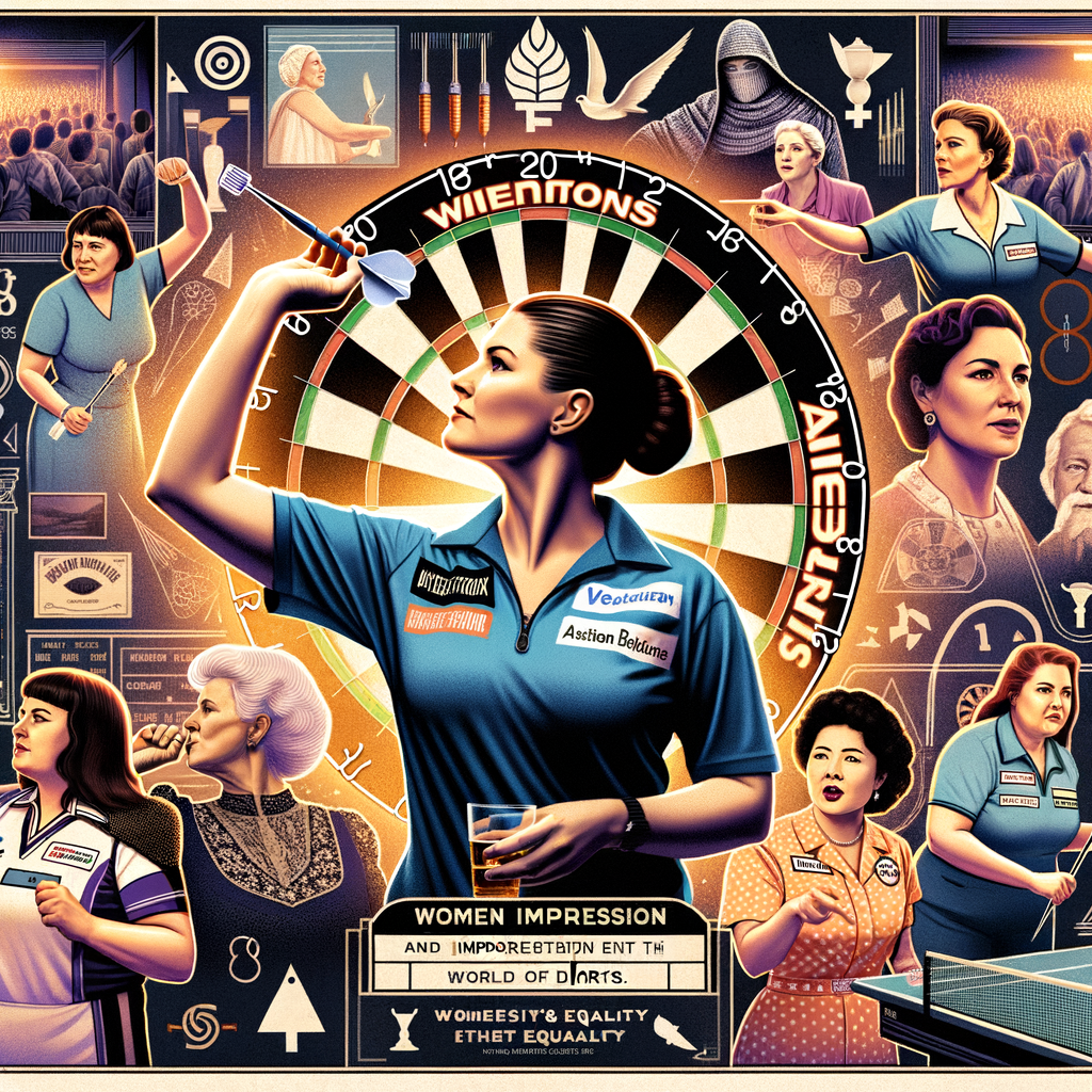 Collage celebrating the rise of women in darts, featuring prominent female dart players, historical moments, and symbols of gender equality during the Women's Darts Championship.