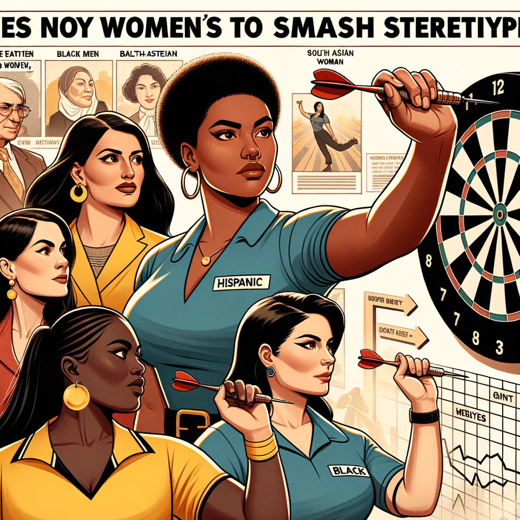 Diverse female dart players confidently aiming at dartboard, symbolizing women in darts shattering stereotypes and making history, with a timeline of women's darts history in the background.