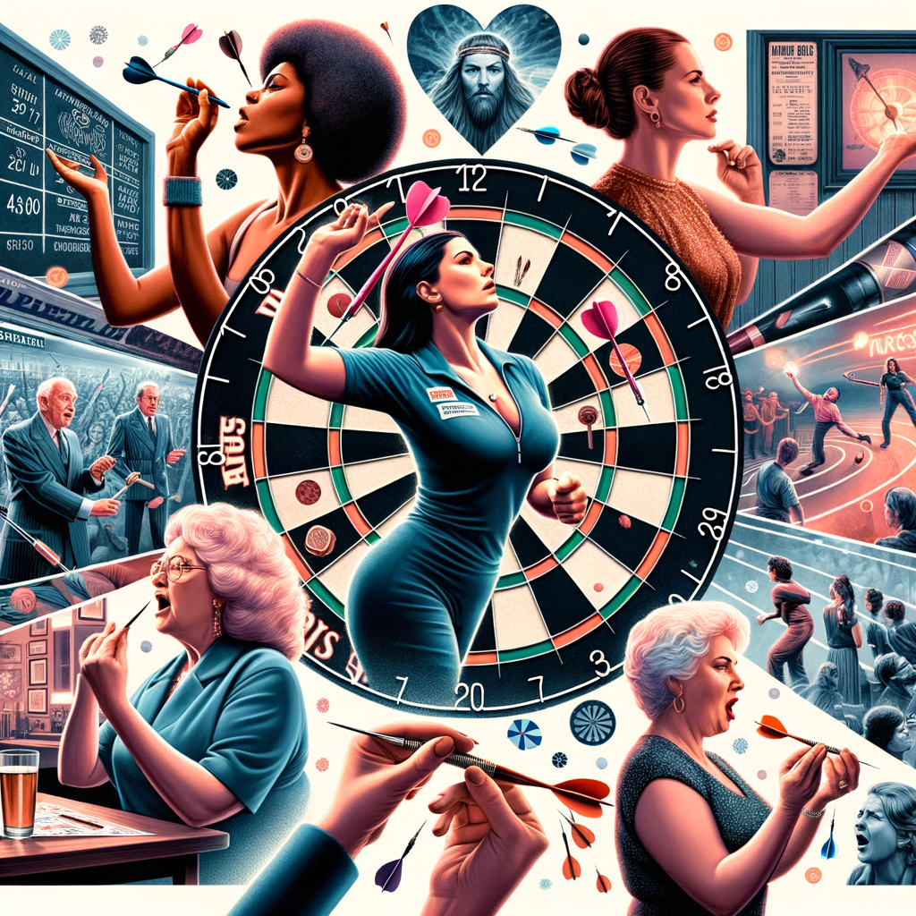 Triumphant female darts champion symbolizing the evolution of women in darts, showcasing the history, progress, and breaking barriers in the sport, promoting darts gender equality.