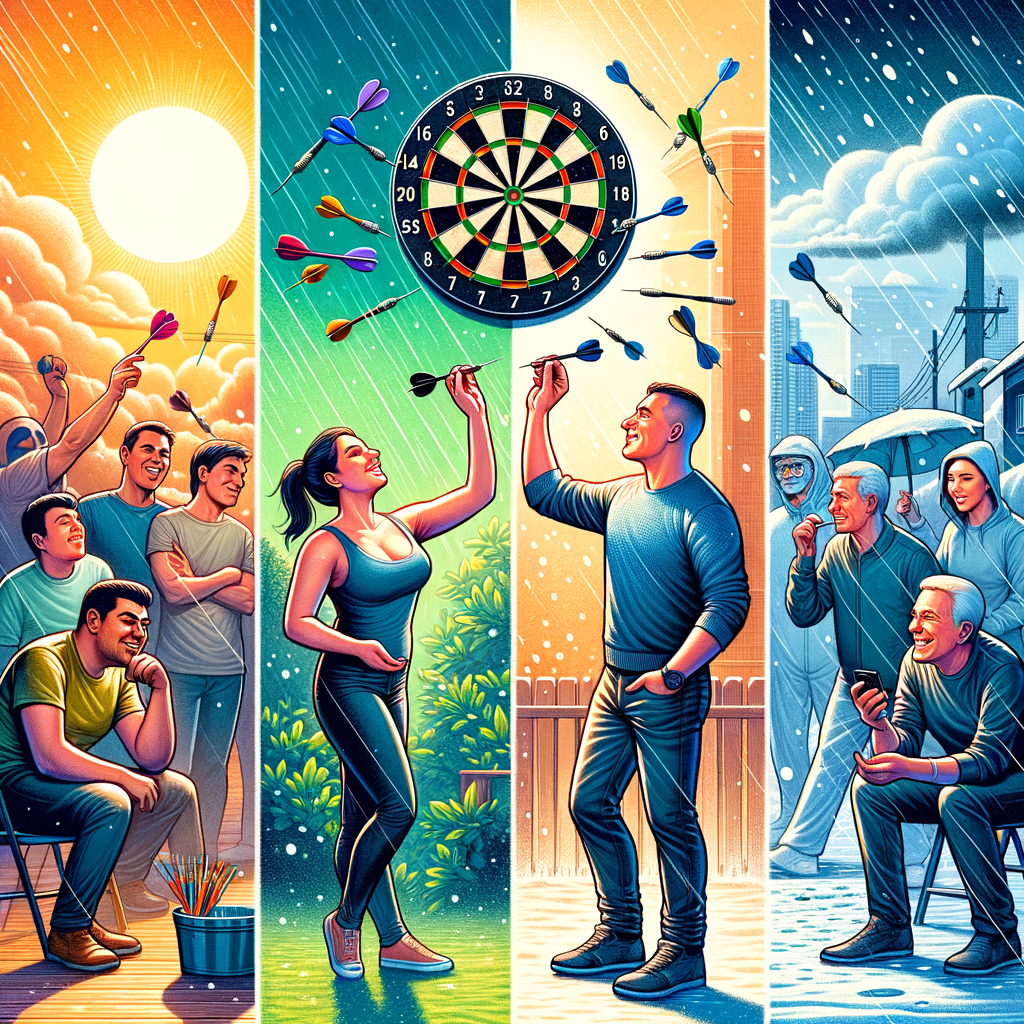 Group of people playing darts in various weather conditions, showcasing the impact of temperature on darts performance and the excitement of outdoor darts in different climates.