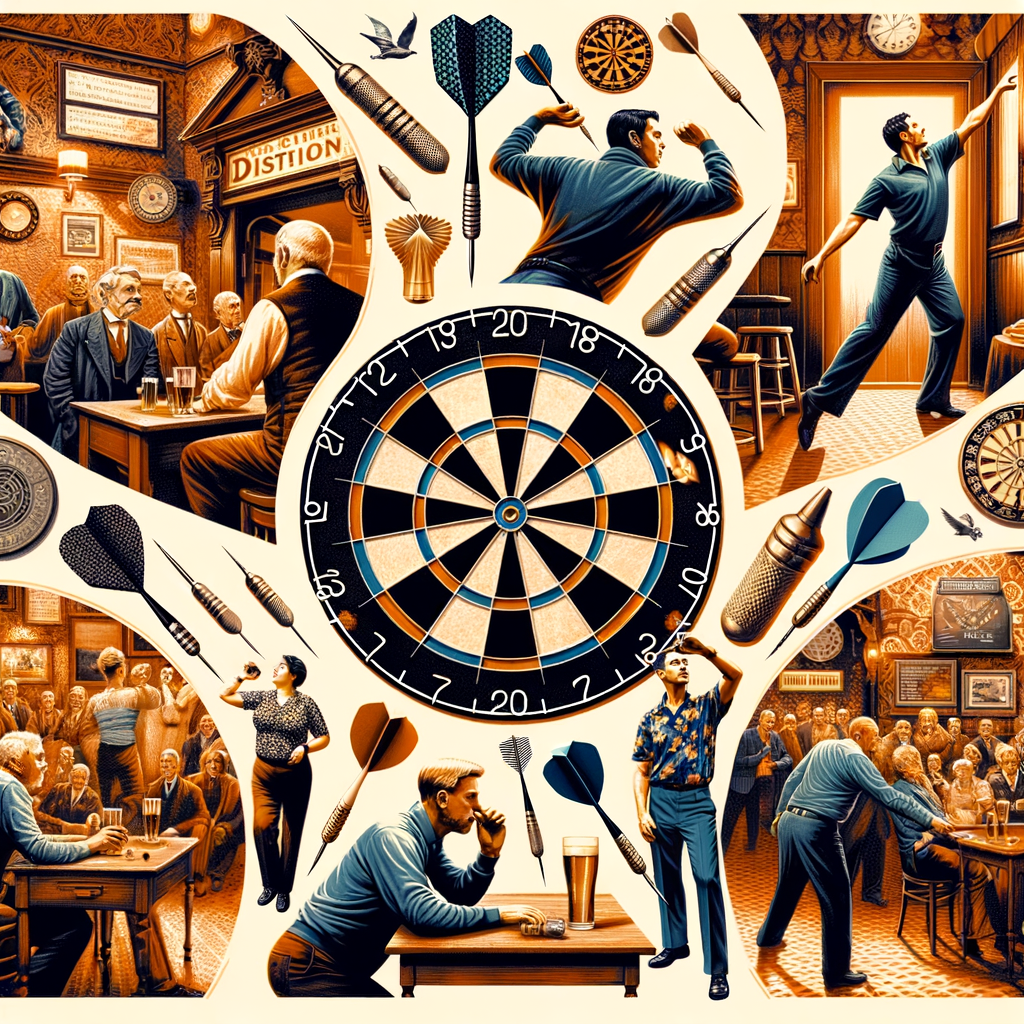 Collage illustrating the darts history and evolution from pub games to a professional sport, showcasing the transition of darts and professional darts players in action.