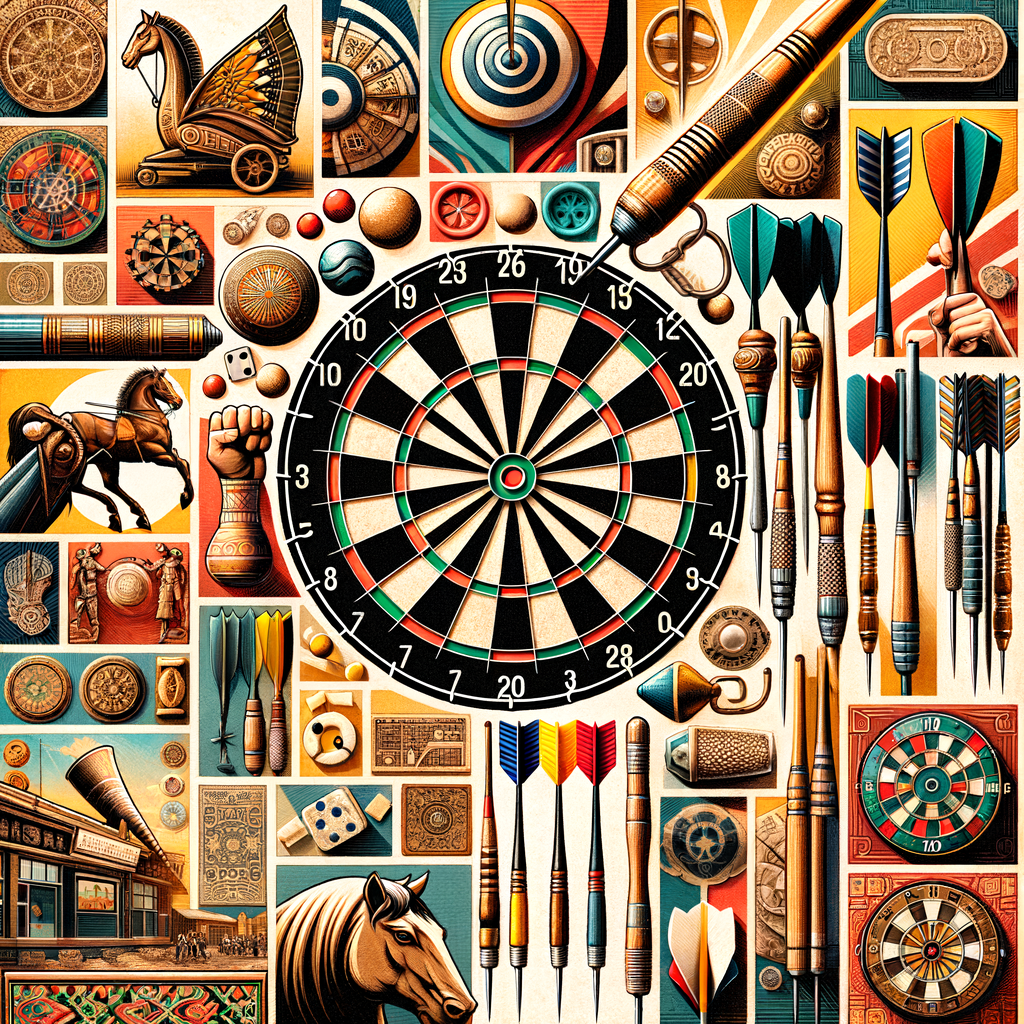 Vibrant collage illustrating the evolution and cultural history of darts, showcasing traditional darts games and historical darts from different cultures worldwide.