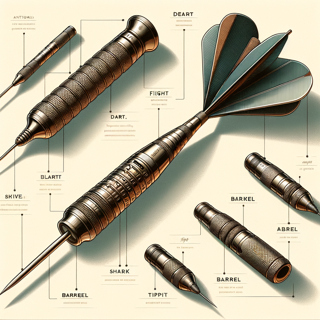 High-resolution diagram illustrating the anatomy of a dart, detailing each component including the flight, shaft, barrel, and tip, perfect for understanding dart components and their functions.