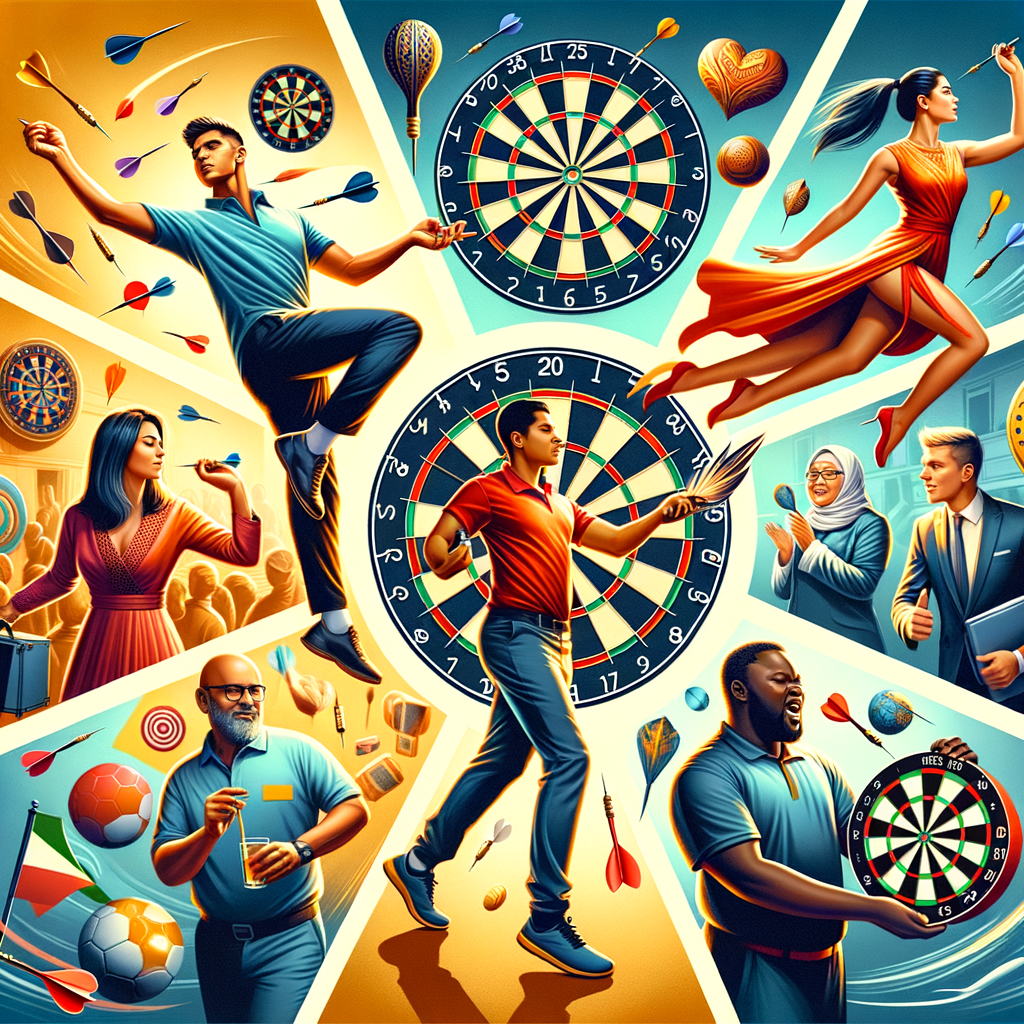 Players from around the world engaging in unique international dart game variations, showcasing the global appeal of lesser-known dart games