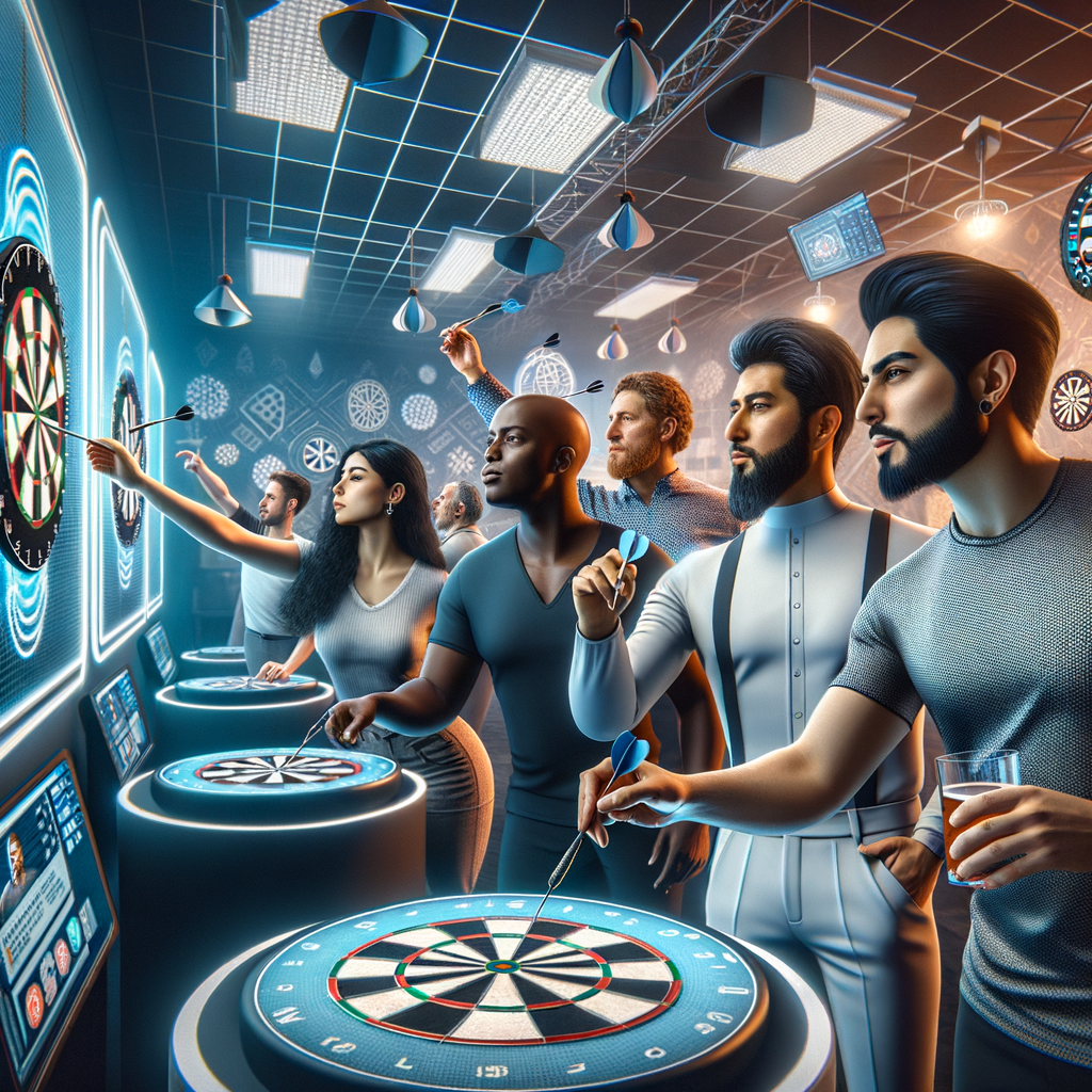 Group of people enjoying a gamified darts practice session with interactive screens showing playful darts challenges, embodying the fun and competition of turning practice into play in sports.