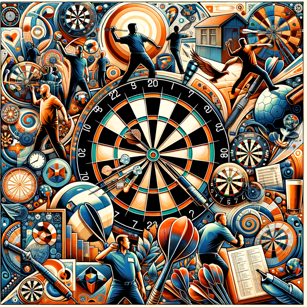 Comprehensive collage illustrating global dart games, dart game rules, dart board variations, international dart competitions, popular dart playing styles worldwide, dart game equipment variations, and history of dart games.