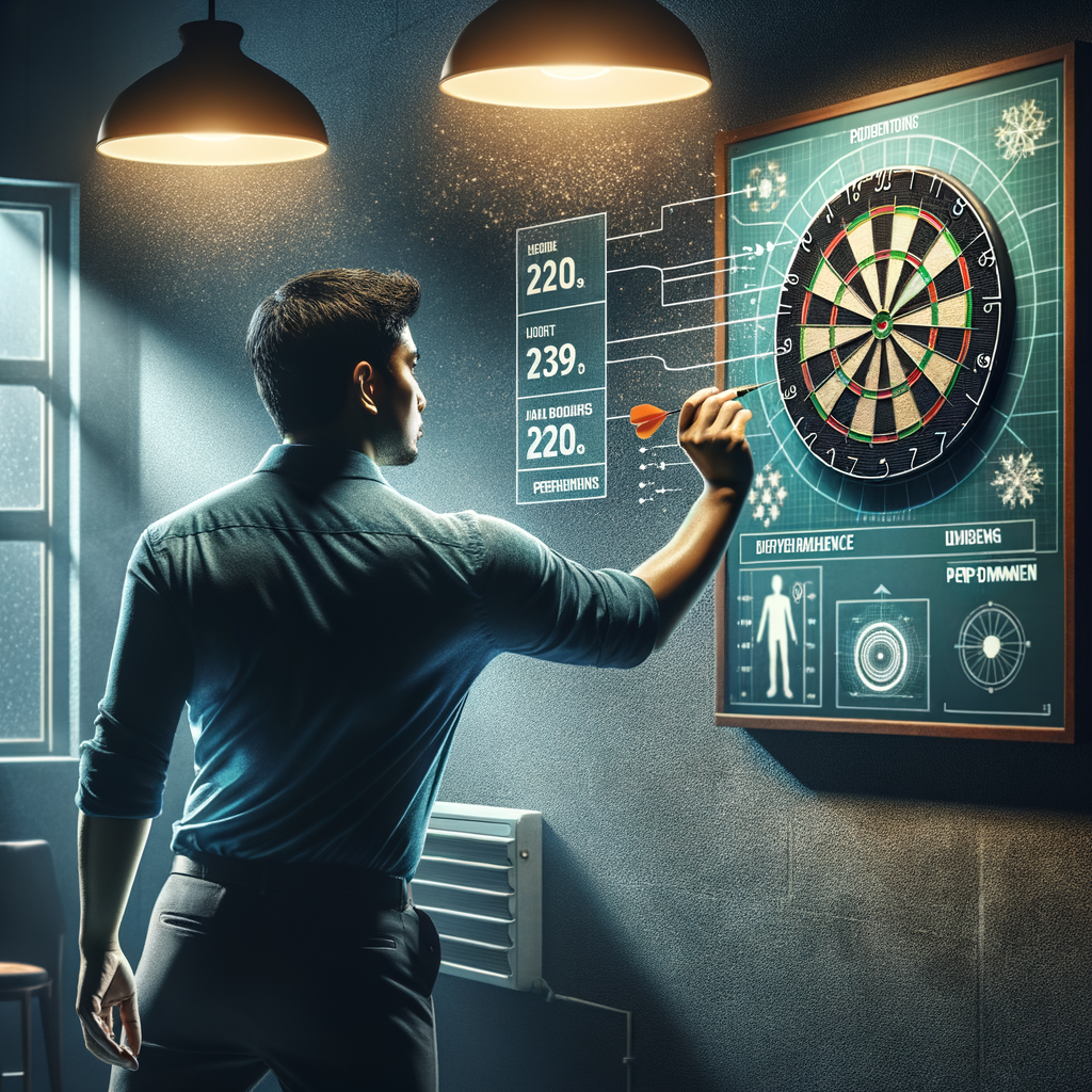 Dart player analyzing room conditions for optimal dart throwing environment, demonstrating the impact on dart accuracy, dart precision, and potential dart game improvement in an indoor games environment.