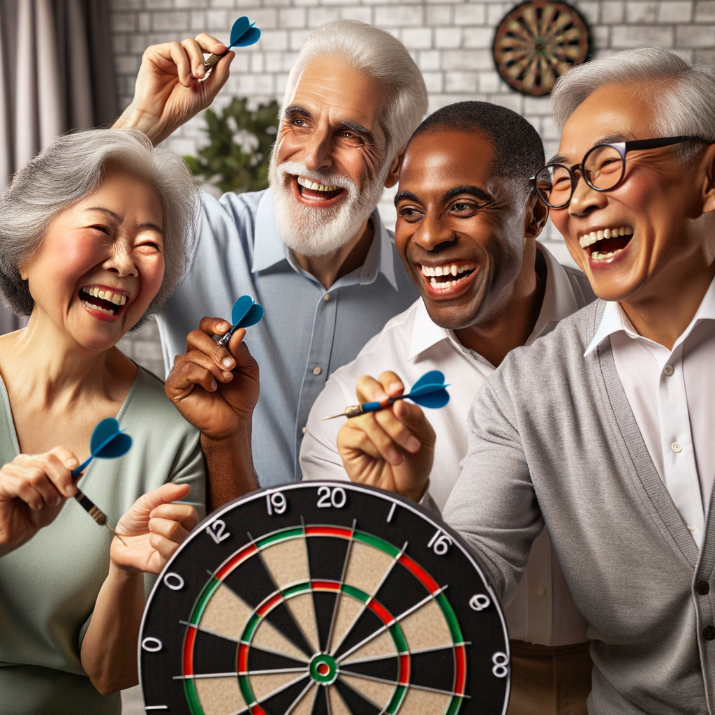Cheerful seniors enjoying a therapeutic game of darts, showcasing the mental and physical benefits of playing darts in old age for senior health.