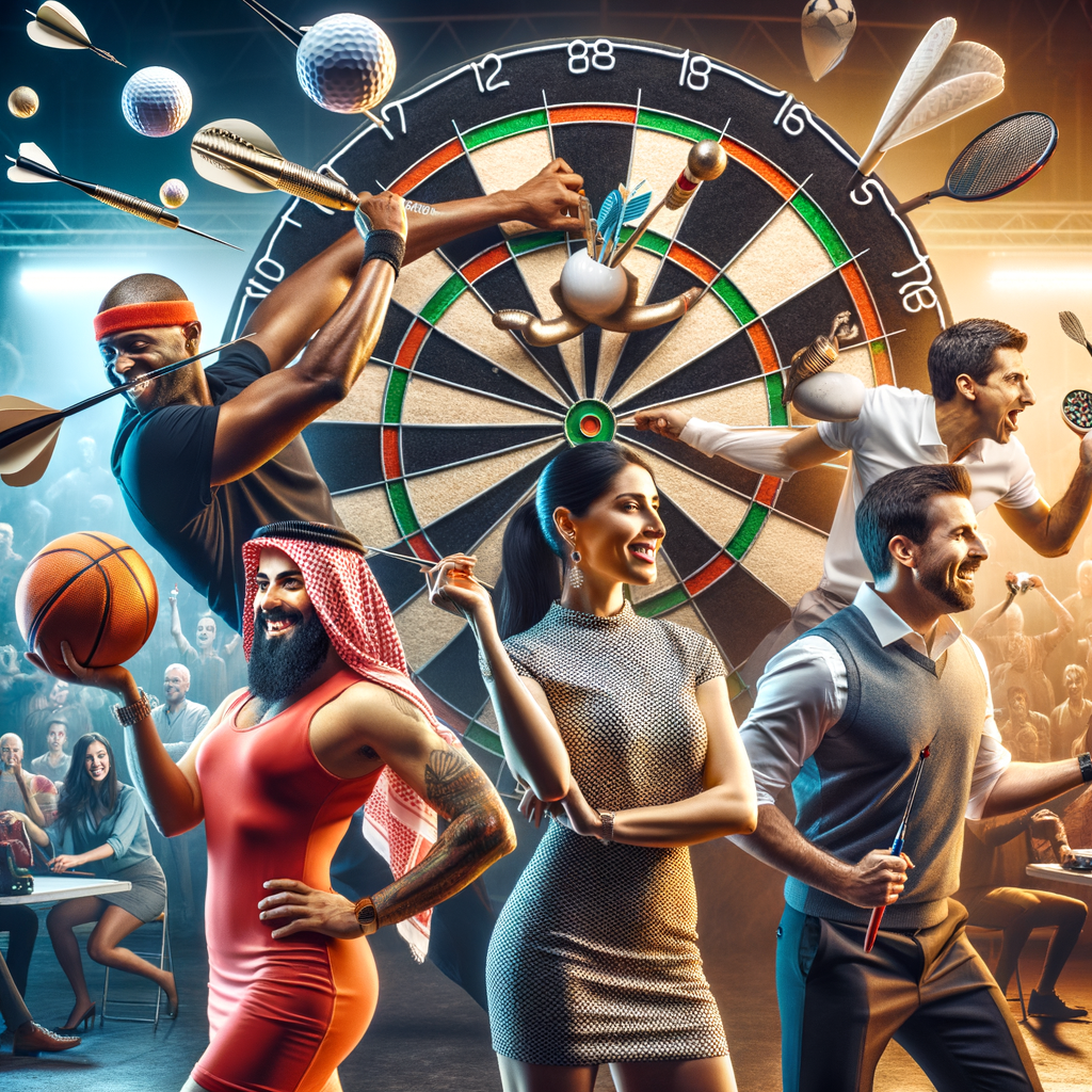 Players engaging in innovative dart game variations, combining darts with other sports like basketball, soccer, and golf in a dynamic hybrid sports games scene, showcasing unique dart game ideas and mixed sports concepts for a darts and sports fusion.