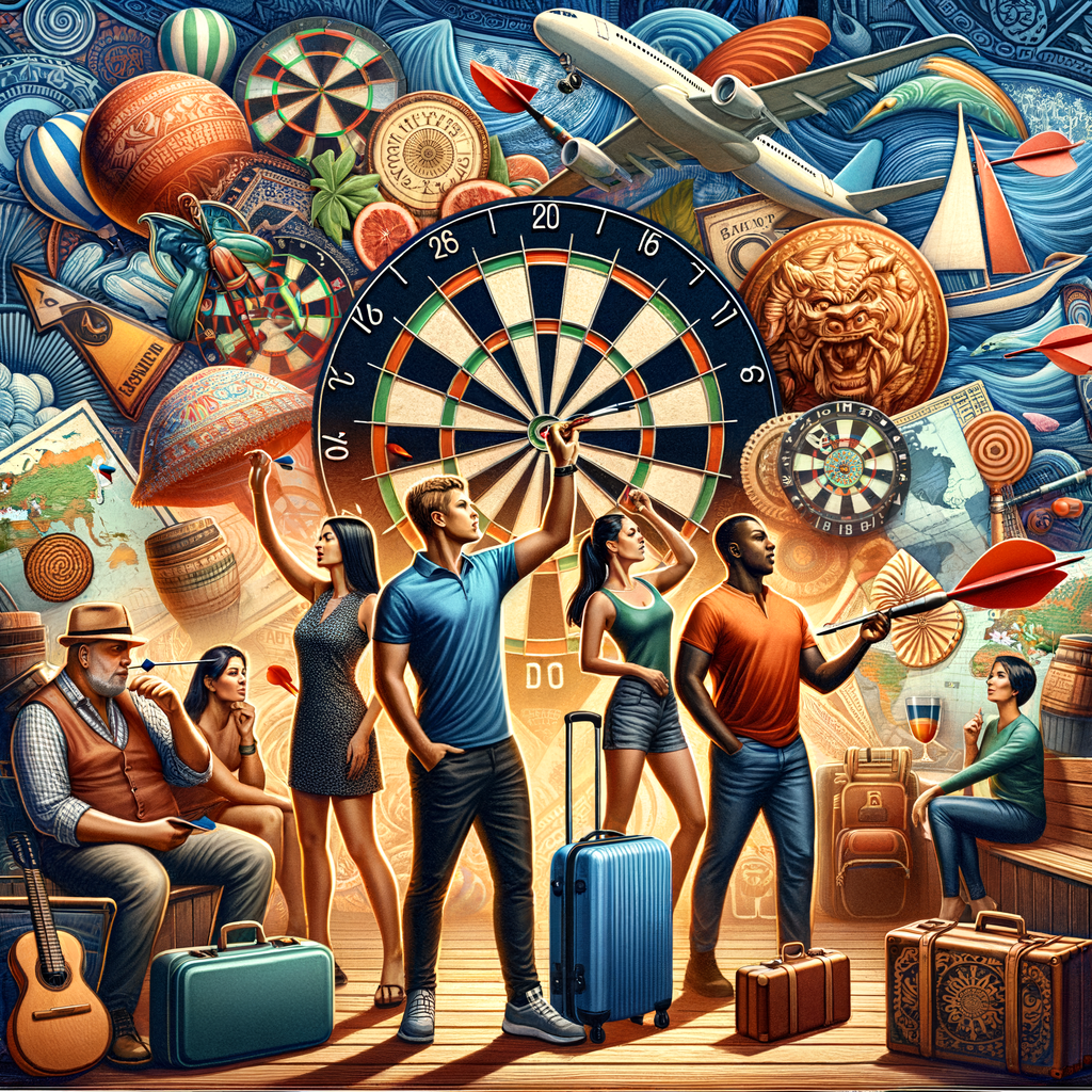 Enthusiastic traveling dart players participating in a dart tournament at an exotic travel destination, combining adventure sports travel with the competitive spirit of darts game.