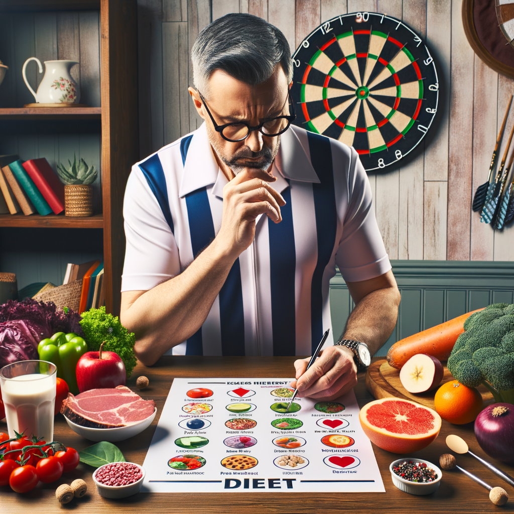 Darts player planning performance-enhancing diet with variety of healthy foods for optimal nutrition, dartboard and darts in background, emphasizing fueling body for optimal performance in darts.