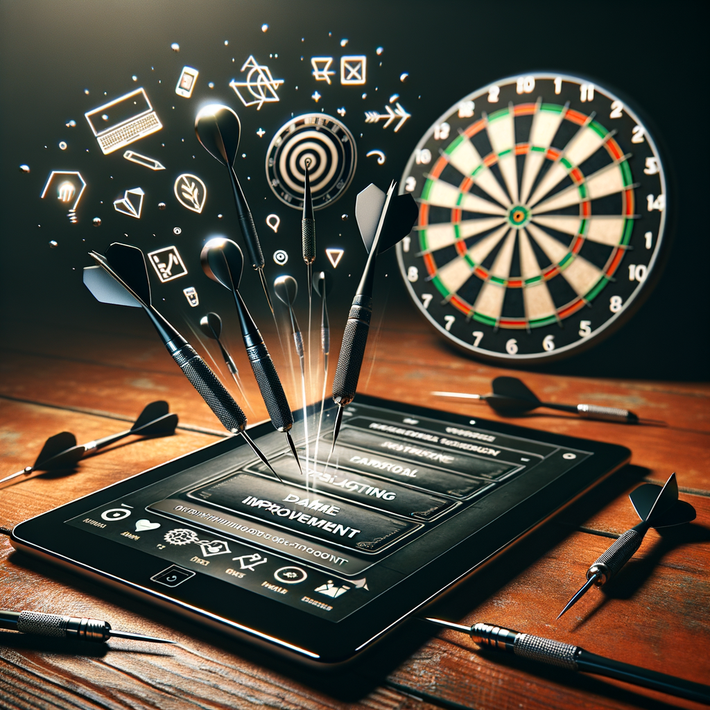 Dart Training Apps and Software displayed on a tablet, highlighting Dart Game Improvement techniques and Digital Dart Training programs, with a traditional dartboard and darts in the background symbolizing the digital transformation of Dart Practice.