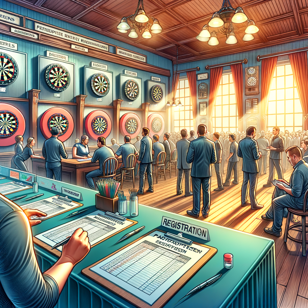 Comprehensive Dart Tournament Organization and Management, featuring a well-organized dartboard area, scoreboards, participant registration desk, and enthusiastic crowd, serving as a visual guide for setting up and hosting successful dart games.
