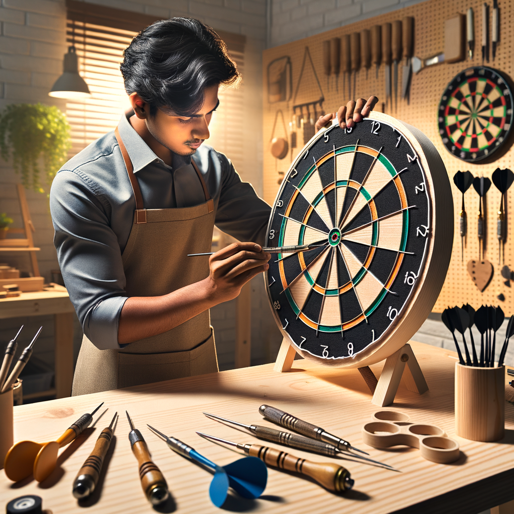 Craftsman assembling a custom dartboard in a workshop, demonstrating dartboard crafting techniques for a step-by-step dartboard guide on making DIY, handmade, and personalized dartboards.