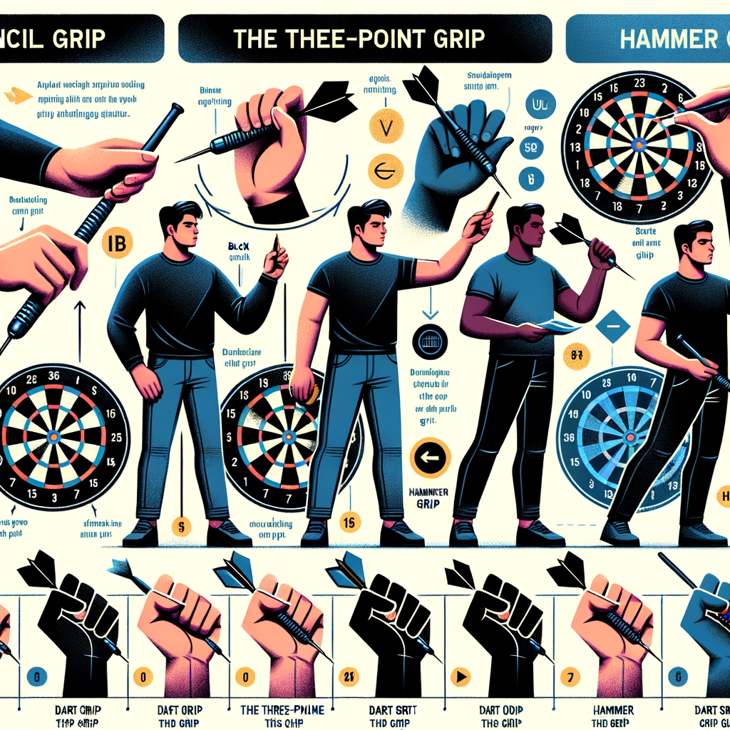 Comprehensive illustration of various dart grip styles, showcasing pros and cons, benefits, and throwing techniques for optimal dart throwing strategies.