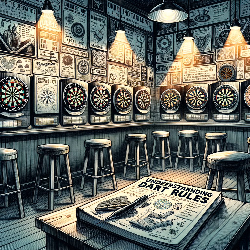 Professional dart tournament setup illustrating various dart game formats, scoring boards, and dart tournament rules, with a guidebook 'Understanding Dart Rules' for comprehensive understanding of dart competitions.