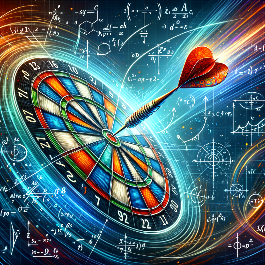 Dynamic illustration of Darts Physics, showcasing the Science of Darts, Mathematics in Darts, and Darts Strategy, with a dart in mid-flight and mathematical equations symbolizing the strategic aspect of the Darts Game Science.