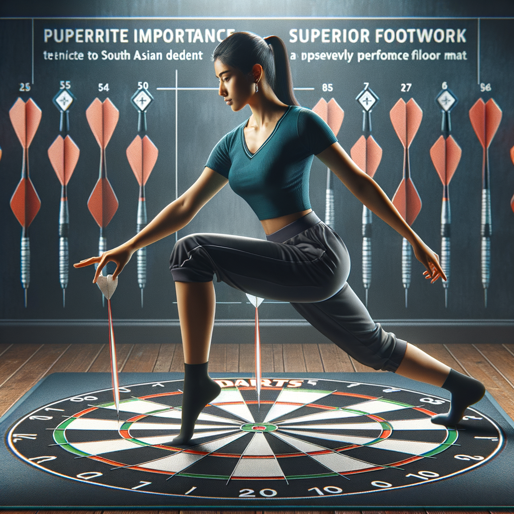 Darts player demonstrating footwork techniques on a dartboard mat, highlighting the role of footwork in improving balance and accuracy in darts gameplay