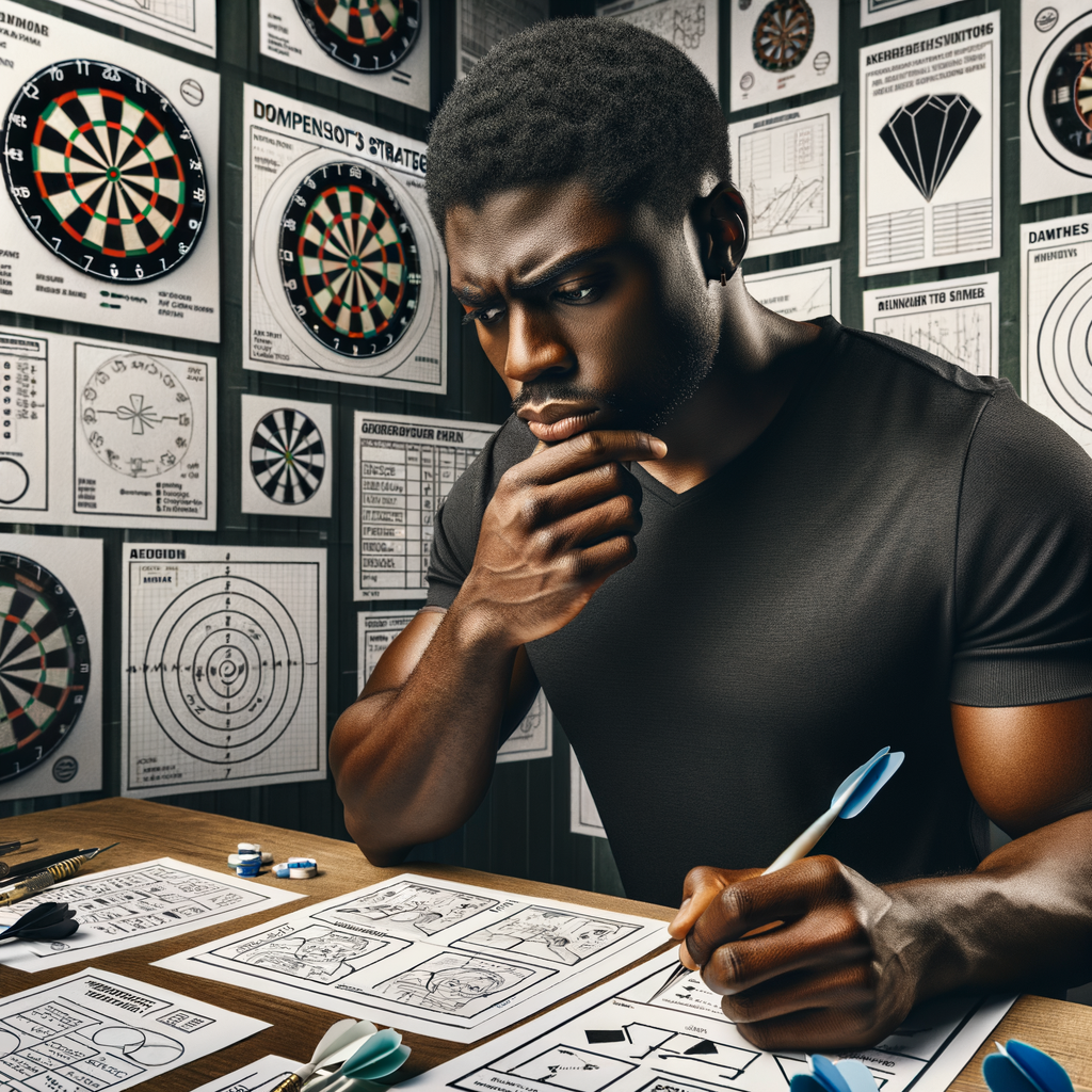 Dart player analyzing opponent's strategy with darts game techniques and adjustment strategies charts, and a comprehensive darts strategy guide for game improvement.