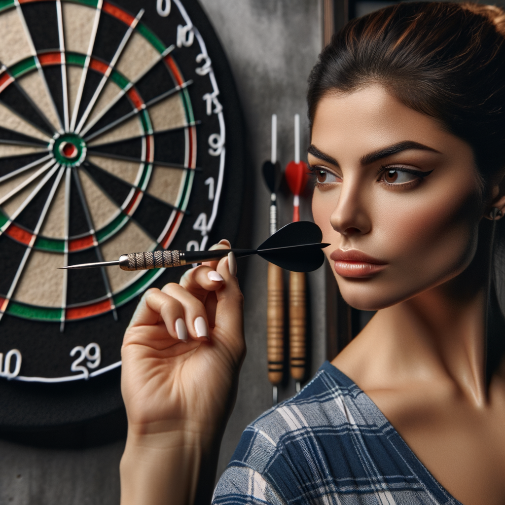 Professional dart player fine-tuning darts accuracy, demonstrating mastery in darts and precision darts techniques, with a dartboard showcasing the result of enhancing darts precision in the background.