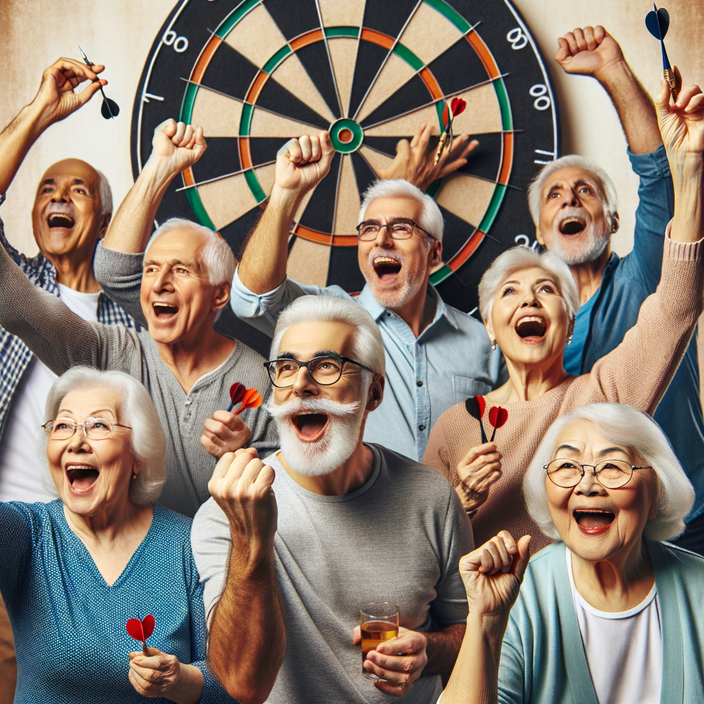 Senior darts players joyfully competing in a game, embodying the enjoyment and skill preservation in darts for seniors, showcasing the concept of aging and sports, and staying active in old age.