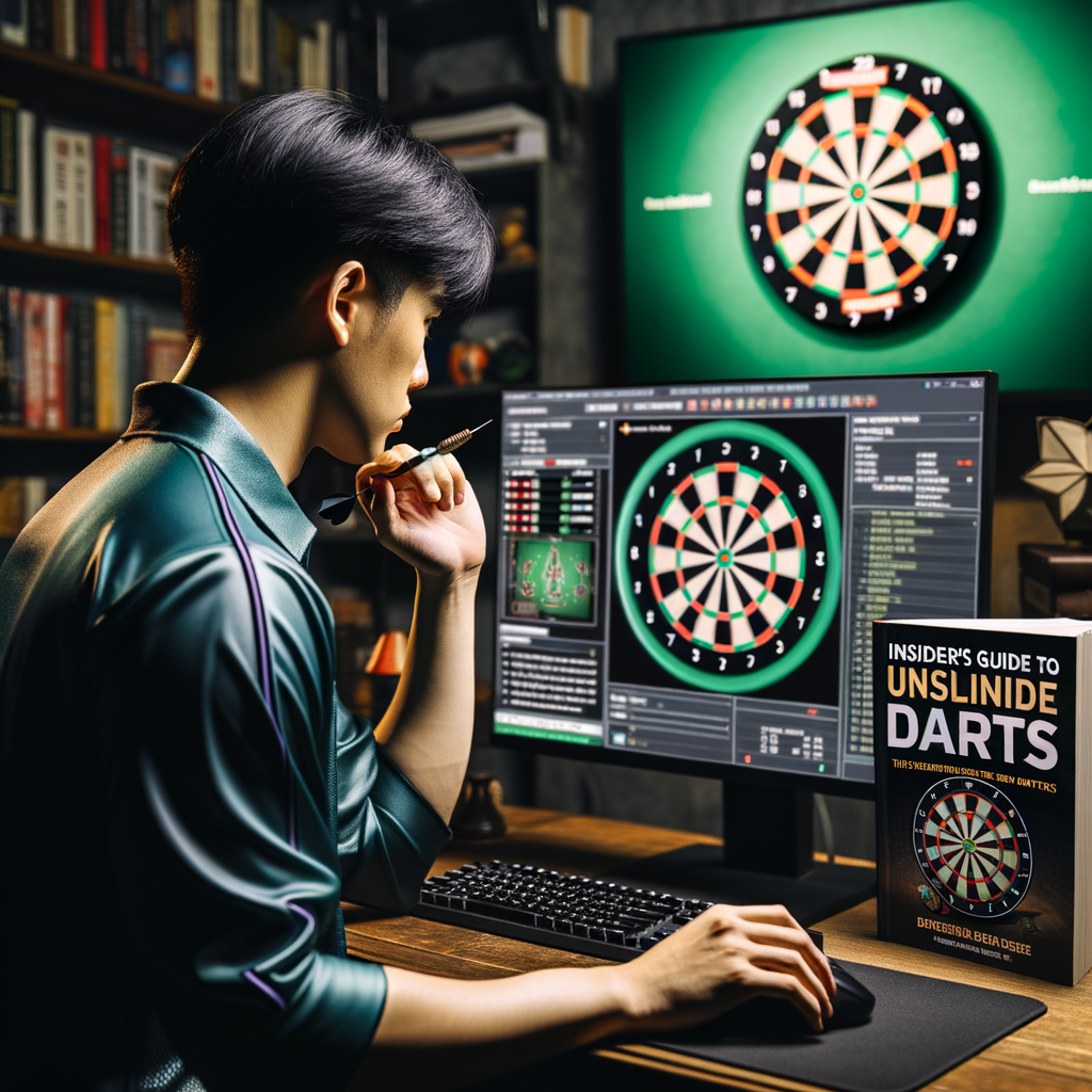Professional dart player participating in an online dart tournament, strategically poised for his next move with 'Insider's Guide to Darts' in the background, illustrating tips for navigating the world of online darts.