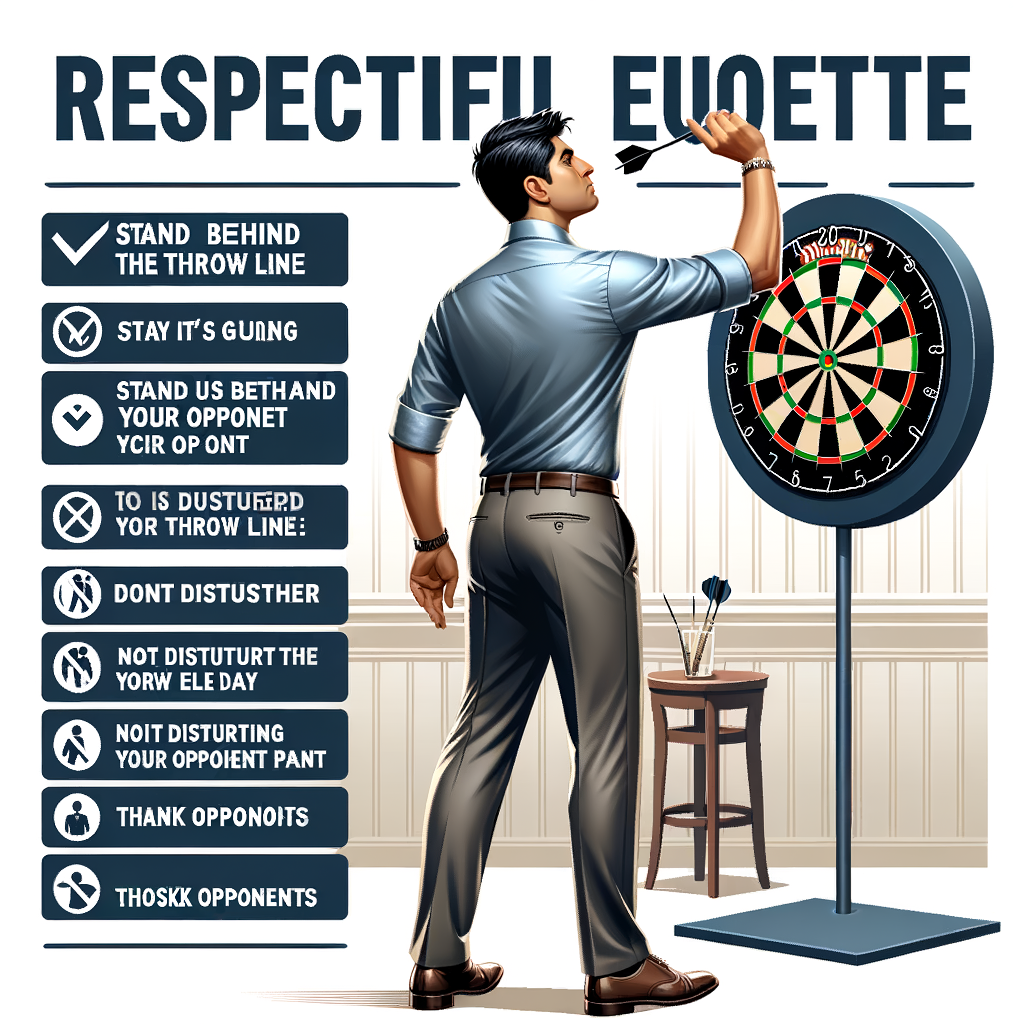 Darts player demonstrating respectful play and darts etiquette, highlighting the dos and don'ts of playing darts respectfully with a dartboard and rules of darts etiquette in the background.