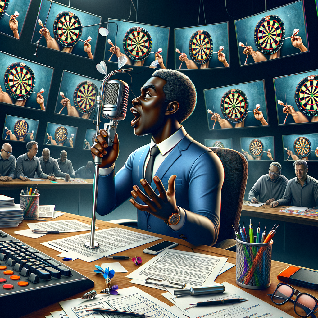 Professional dart commentator passionately describing a dart match in a studio, surrounded by screens and notes on dart commentary skills and techniques, illustrating the art of professional dart match commentary.
