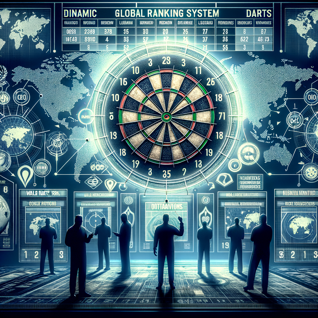 Infographic illustrating the global ranking system in professional darts, highlighting darts scoring, international competitions, championship rankings, and top professional darts players.